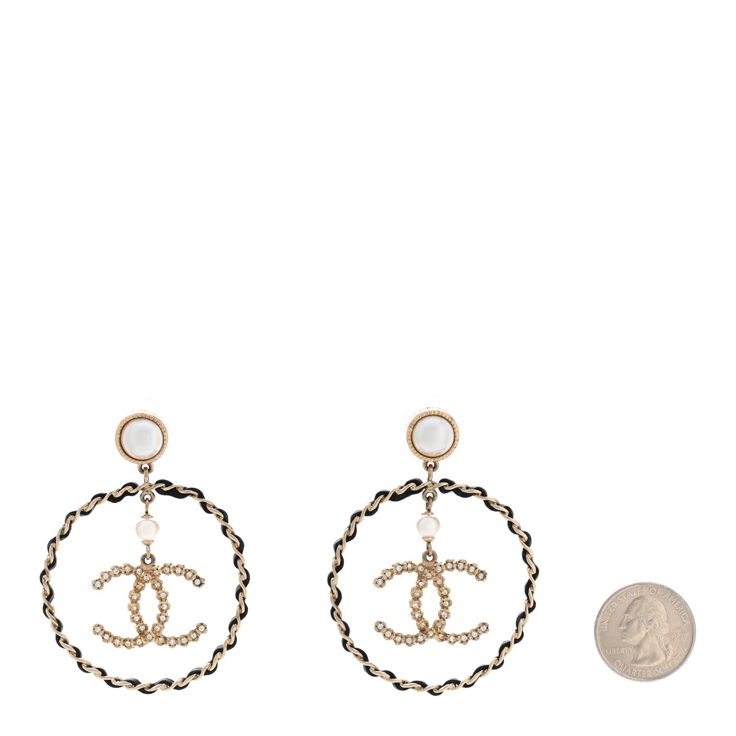 Chanel Lambskin Crystal Pearl CC Chain Hoop Earrings Gold Black 2 of 6