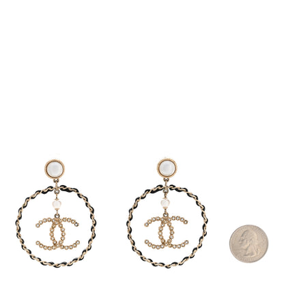 Chanel Lambskin Crystal Pearl CC Chain Hoop Earrings Gold Black 2 of 6