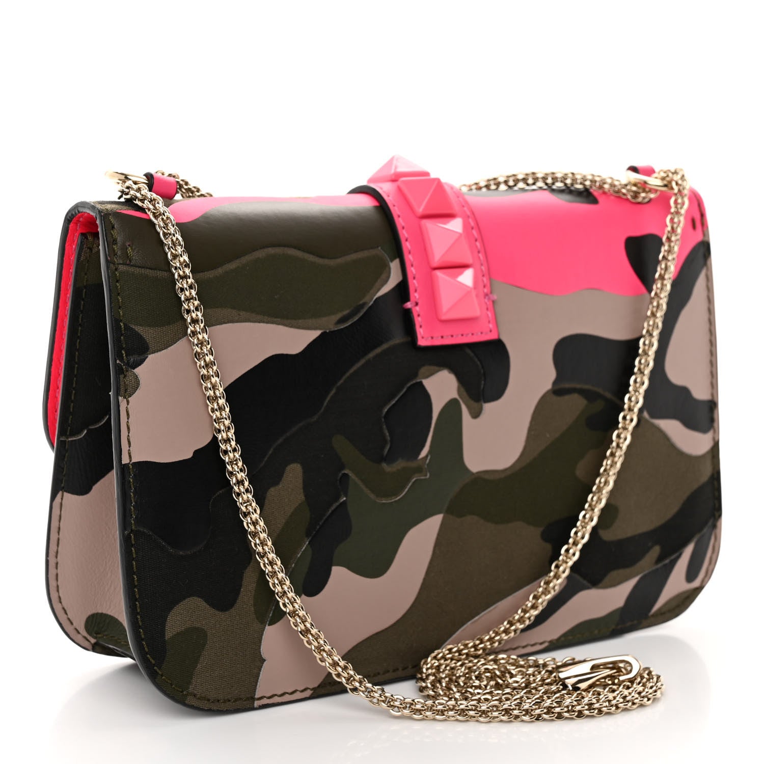 Valentino Garavani Nappa Canvas Camouflage Medium Glam Lock Rockstud Flap Fuxia Fluo 3 of 9