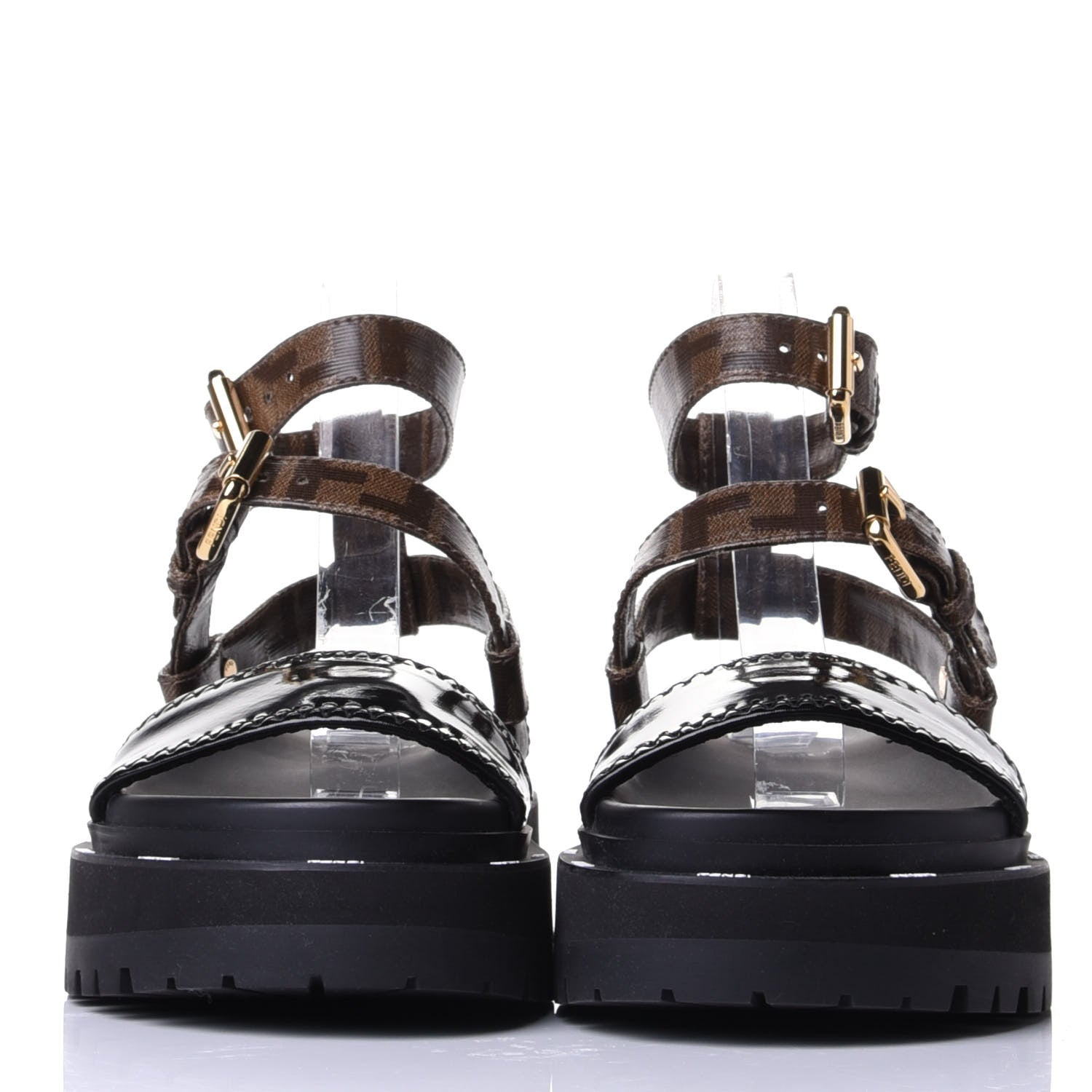 Fendi Patent Glazed Fabric FF Strappy Platform Sandals 35 Black 2 of 11