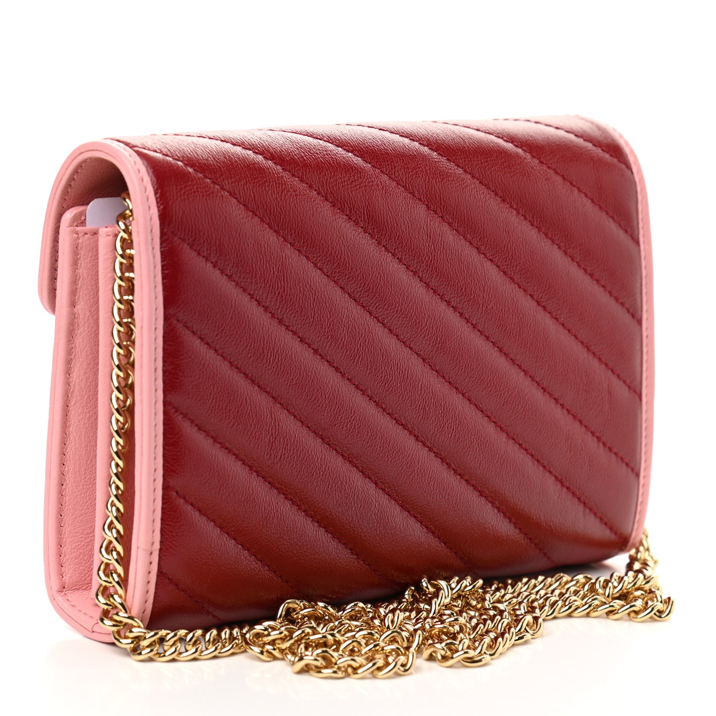 Azalea Calfskin Enamel Matelasse Diagonal Torchon GG Marmont Chain Wallet New Cherry Red Wild Rose