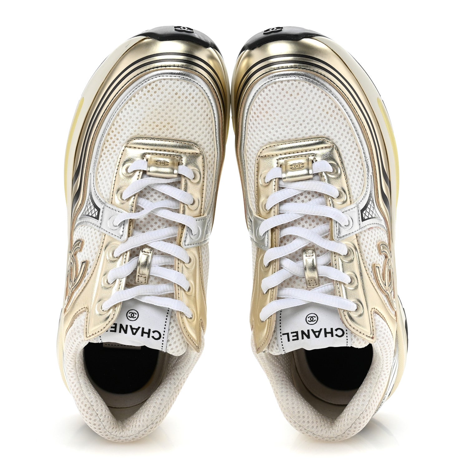 Chanel Fabric Laminated Calfskin Stretch CC Sneakers 38 White Gold
