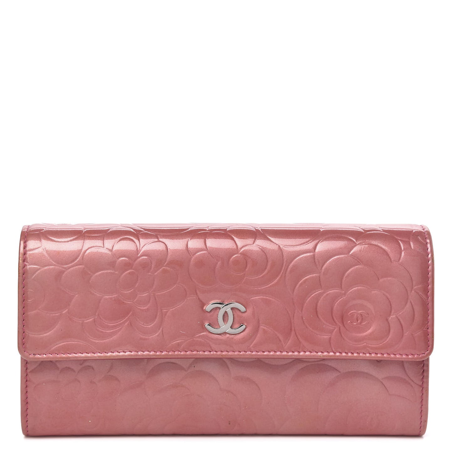 Patent Camellia Embossed Flap Wallet Pink