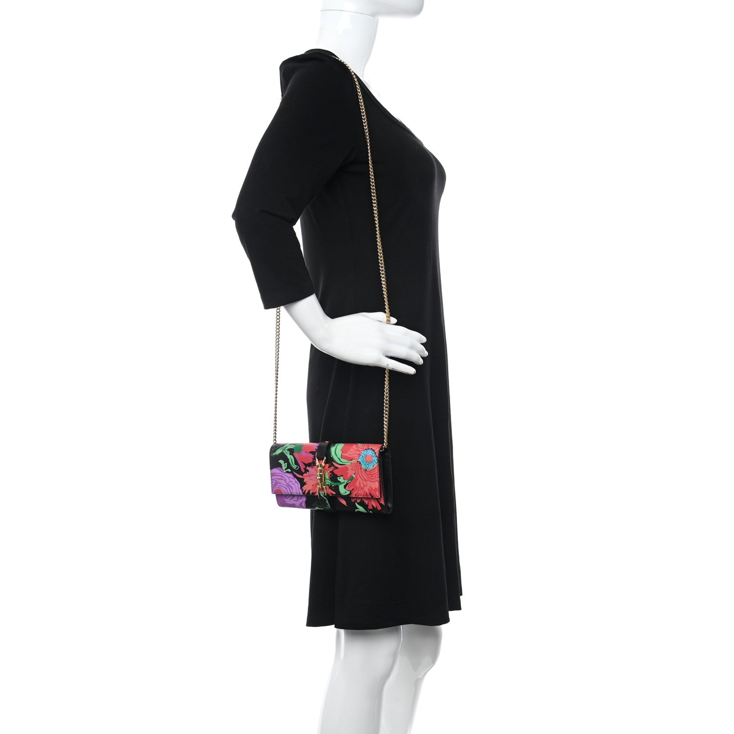 Gucci X KEN SCOTT New Shangai Calfskin Jenny Floral Print Jackie 1961 Chain Wallet Black Pink 3 of 8