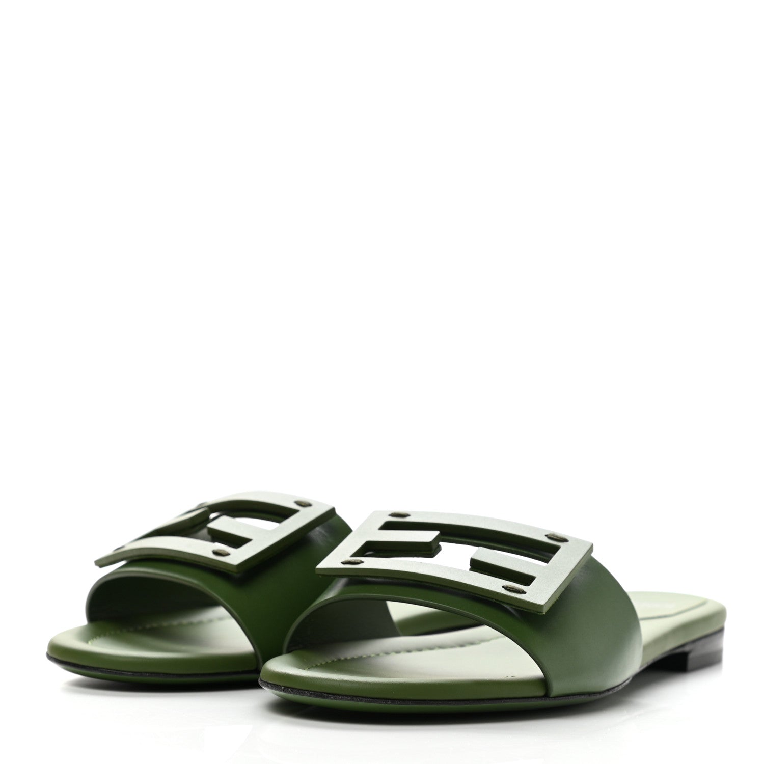 Fendi Vitello Cuoio Baguette Flat Slide Sandals 37.5 Verde 3 of 8