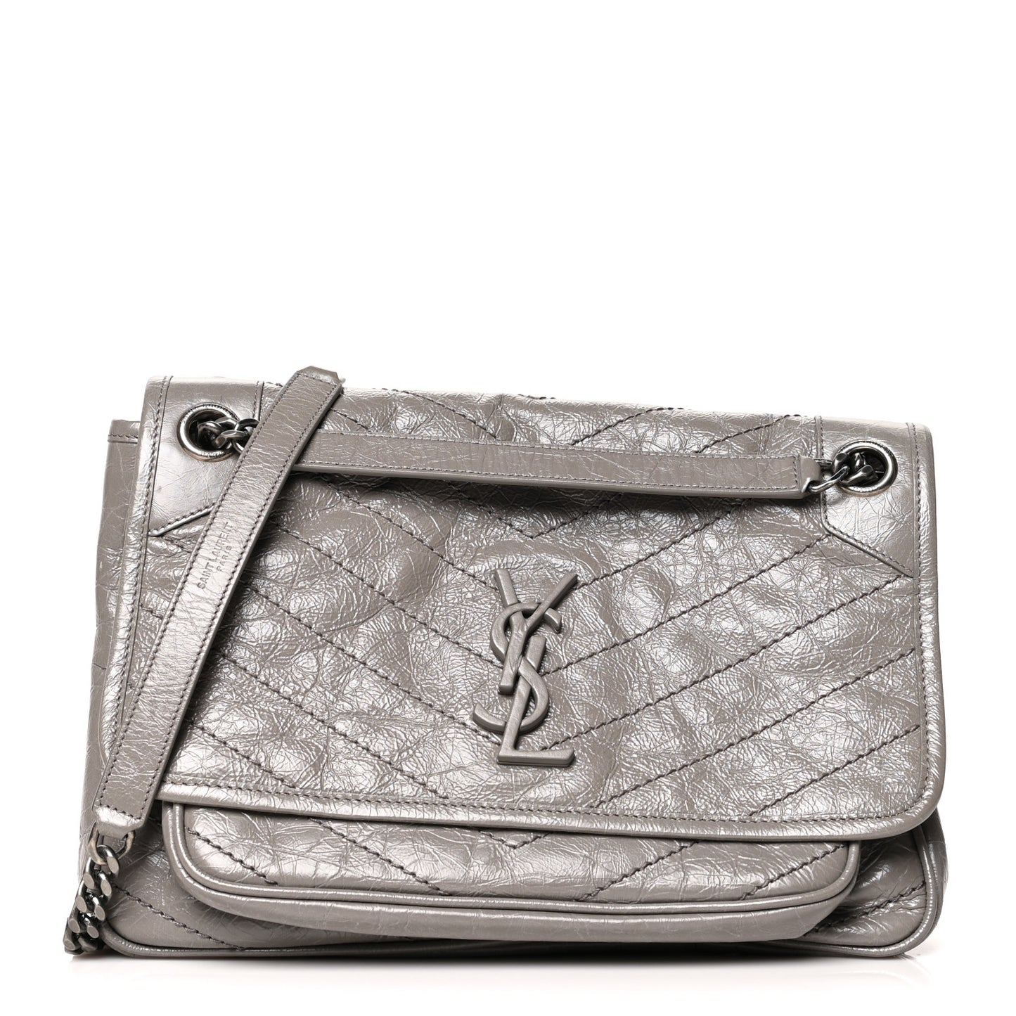 Crinkled Calfskin Matelasse Monogram Medium Niki Chain Satchel Fog