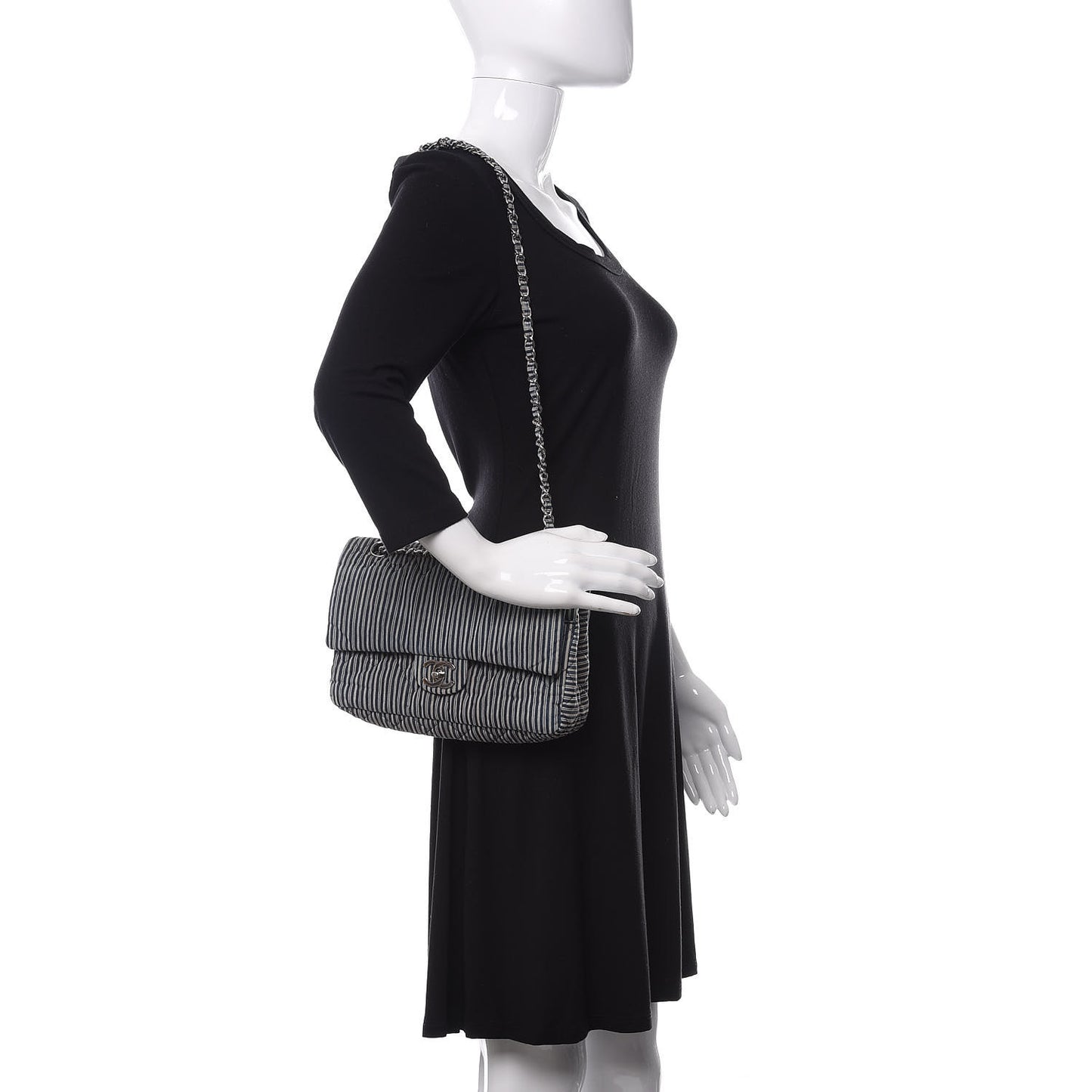 Denim Striped Quilted Medium Double Flap Navy White