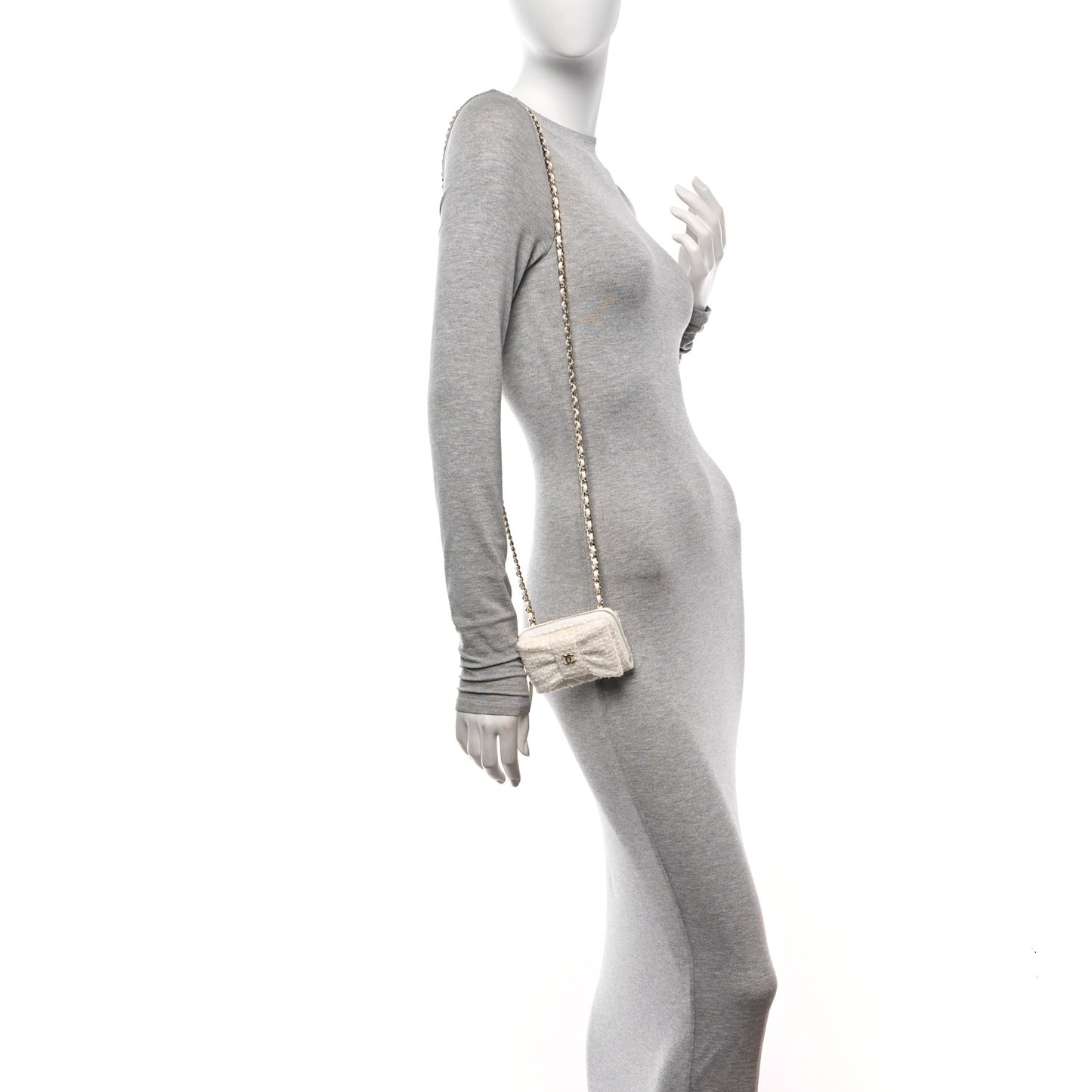 Tweed Quilted Bow Flap Card Holder On Chain White