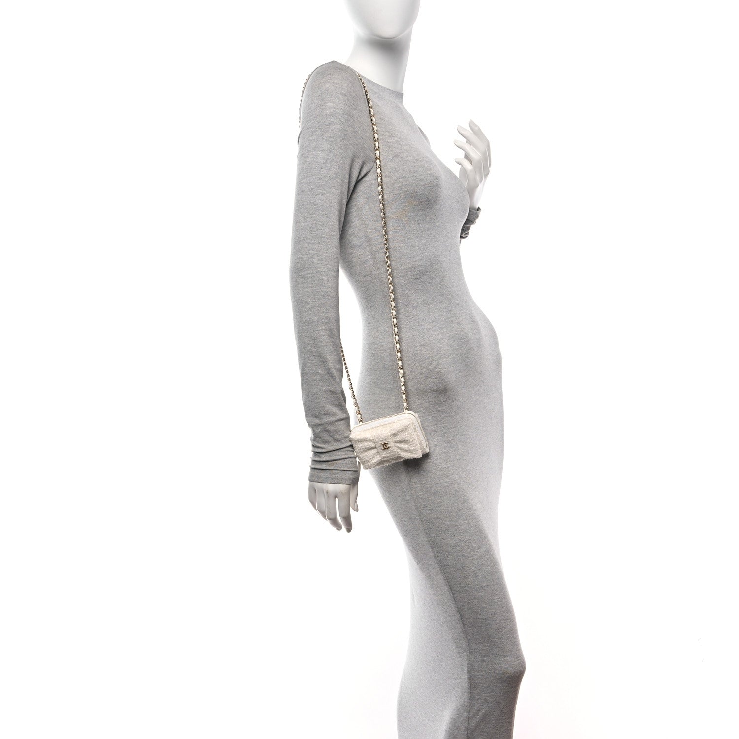 Chanel Tweed Quilted Bow Flap Card Holder On Chain White 2 of 12