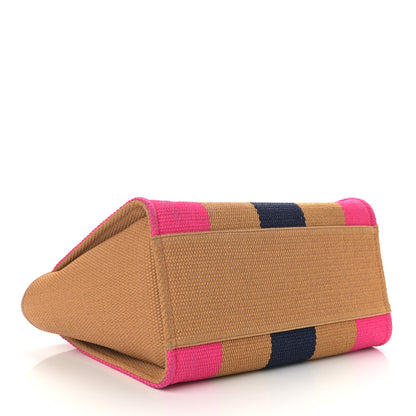 Chanel Straw Raffia Calfskin Striped Medium Deauville Tote Dark Beige Fuchsia Navy Blue 4 of 12