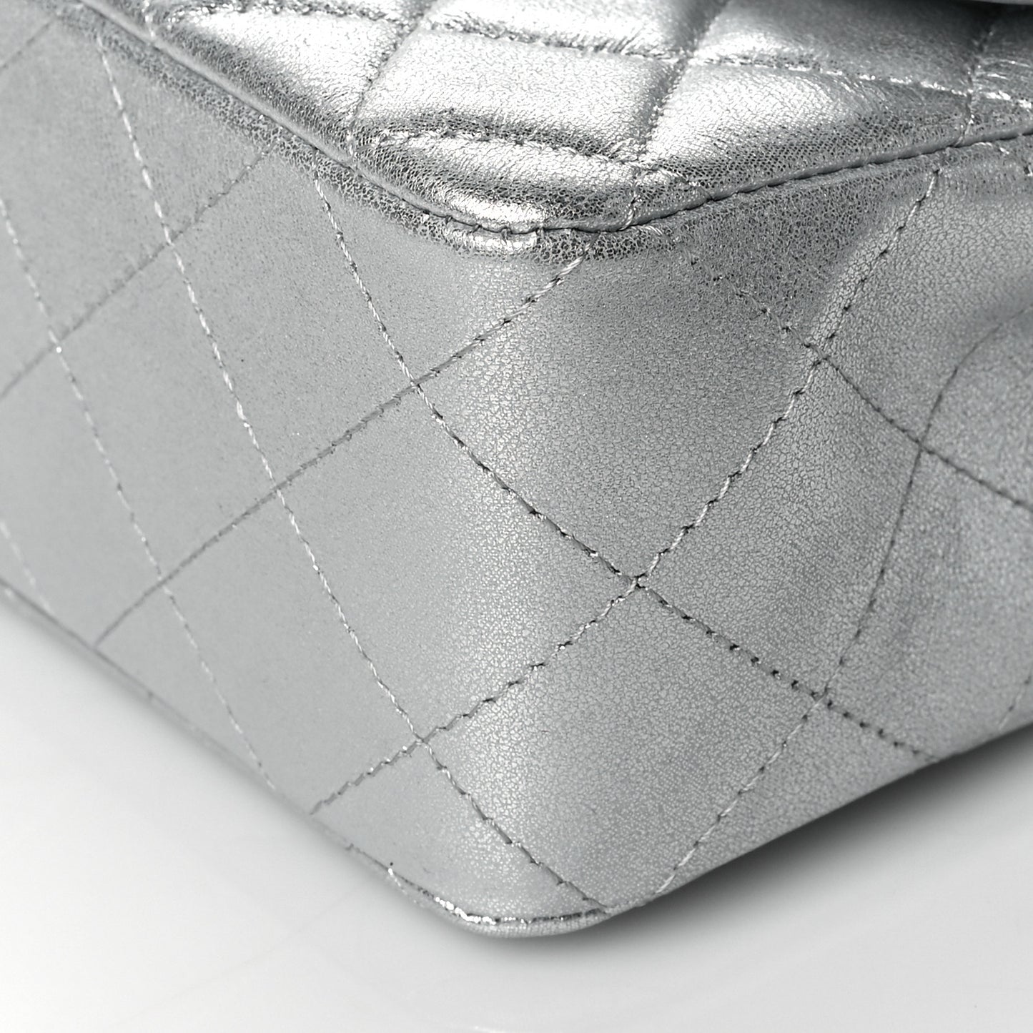 Metallic Lambskin Quilted Mini Rectangular Flap Silver