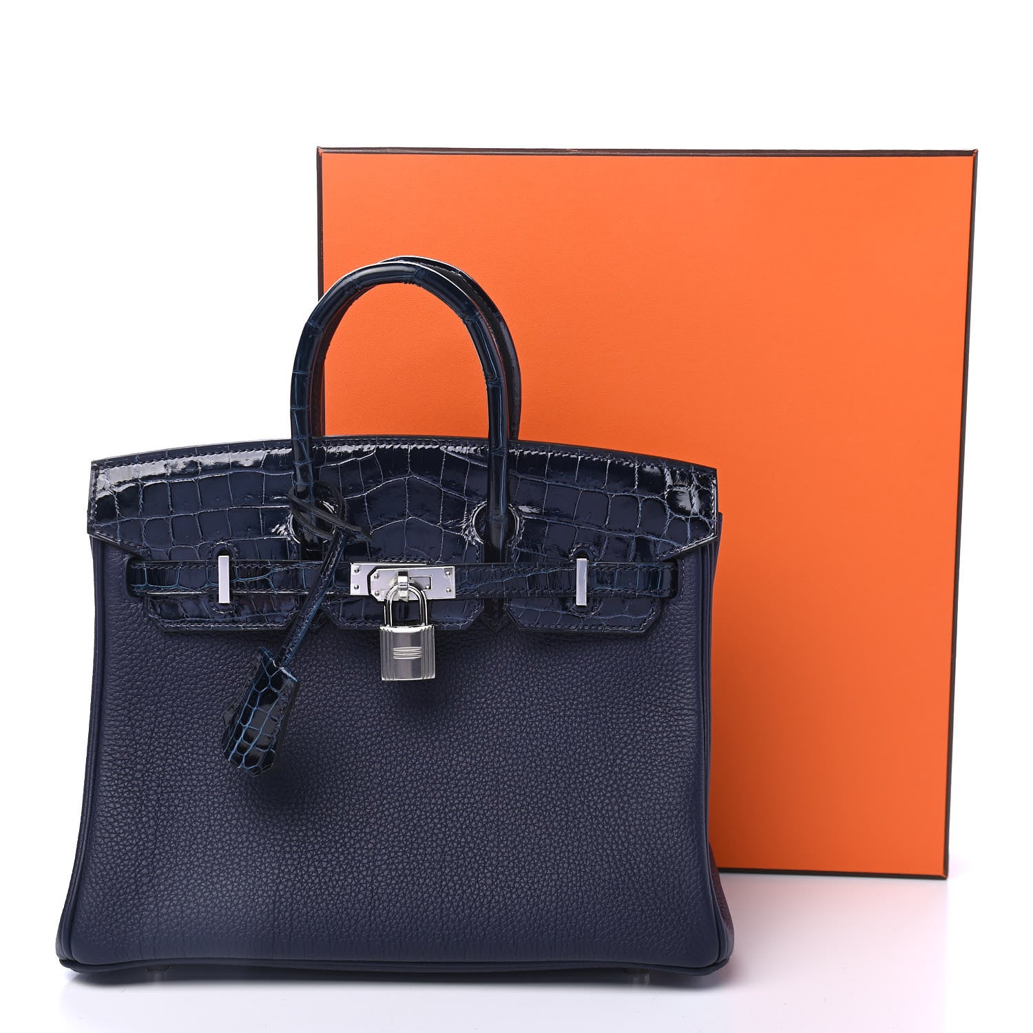 Hermes Togo Shiny Niloticus Crocodile Birkin Touch 25 Bleu Nuit