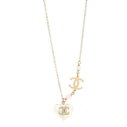 Chanel Pearl Crystal CC Heart Necklace Gold Pearly White 1 of 3