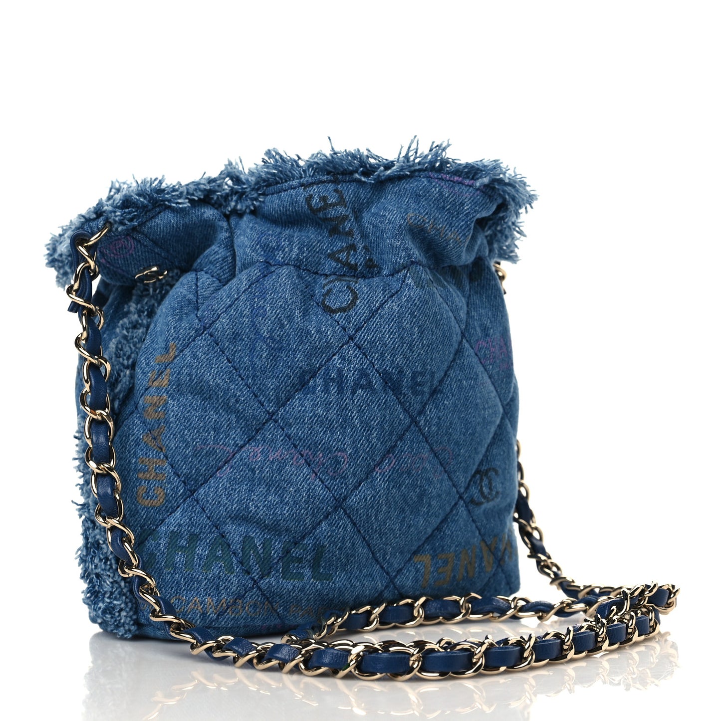 Denim Quilted Small Mood Bucket With Chain Blue Multicolor