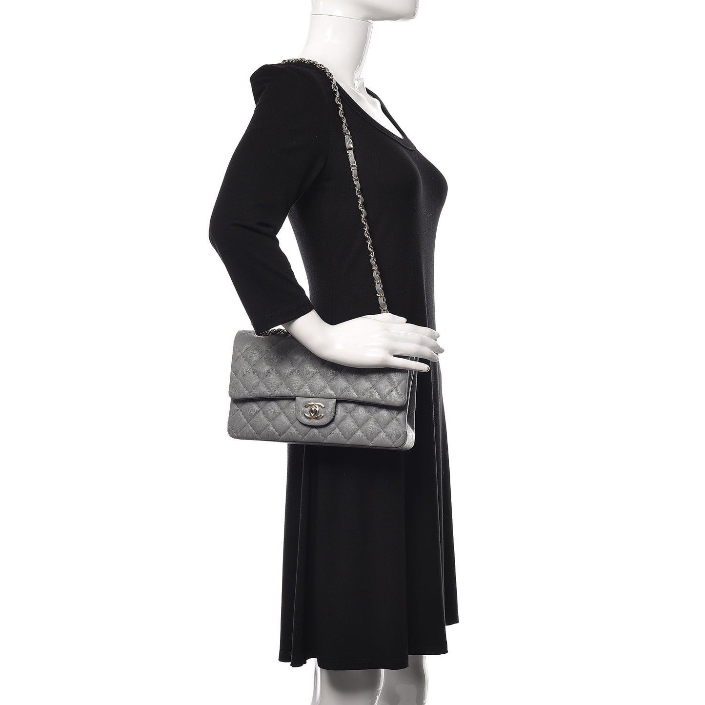 Caviar Quilted Medium Double Flap Grey