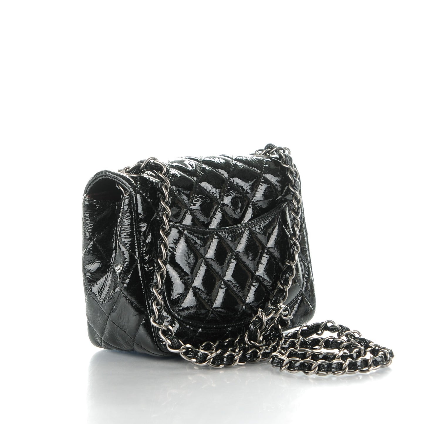 Distressed Patent Calfskin Quilted Mini Square Flap Black