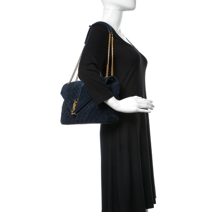 Saint Laurent Suede Mixed Matelasse Triquilt Large Monogram Envelope Satchel Navy Blue 2 of 17