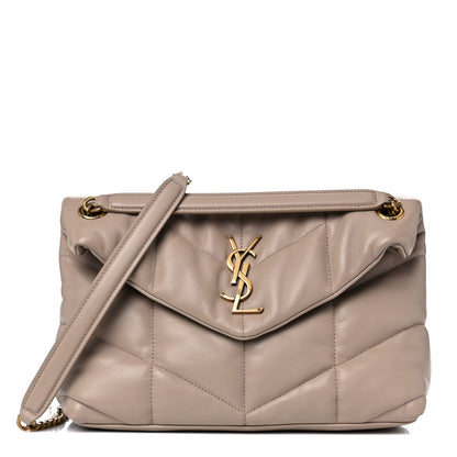 Saint Laurent Lambskin Quilted Small Loulou Puffer Monogram Chain Satchel Dark Beige 1 of 12