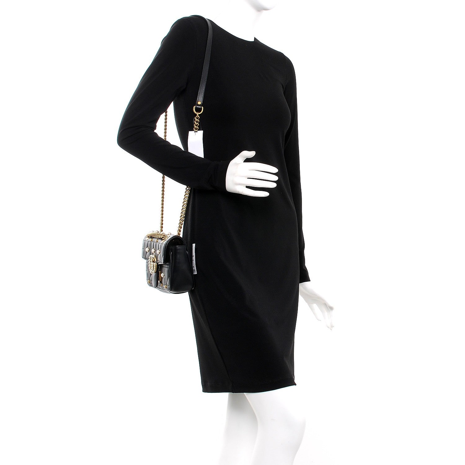 Gucci Calfskin Matelasse Studded Mini Pearly GG Marmont Shoulder Bag Black 2 of 7