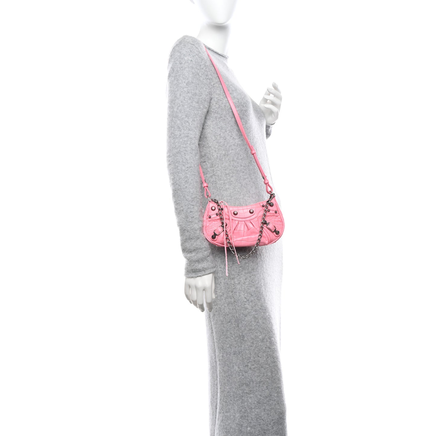 Extra Supple Calfskin Crocodile Embossed Le Cagole Mini Purse With Chain Sweet Pink