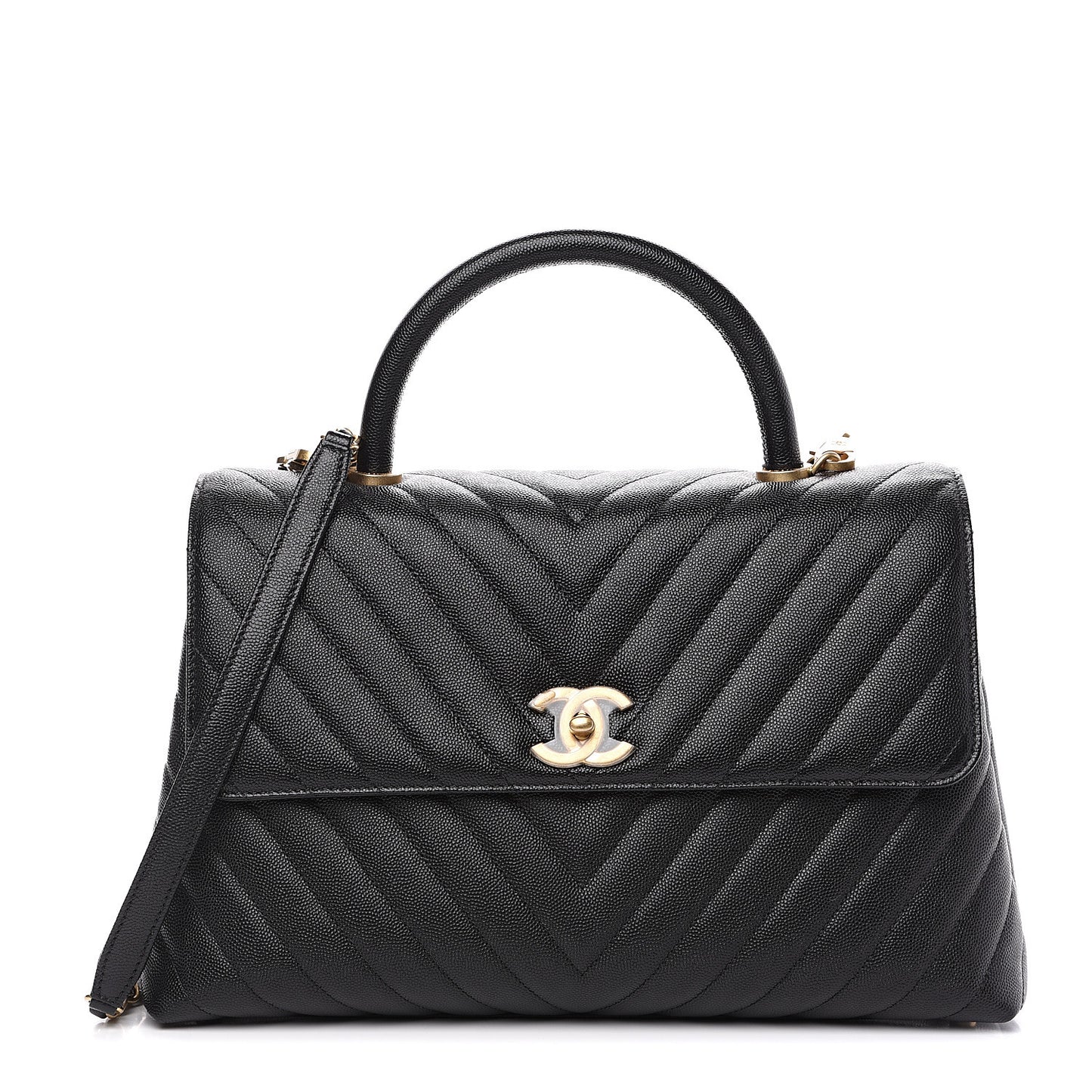 Caviar Chevron Quilted Medium Coco Handle Flap Black