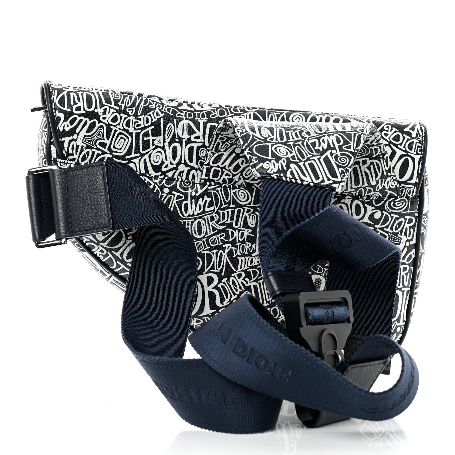 Christian Dior X SHAWN STUSSY Grained Calfskin Printed Mens Saddle Bag Navy Blue 3 of 9