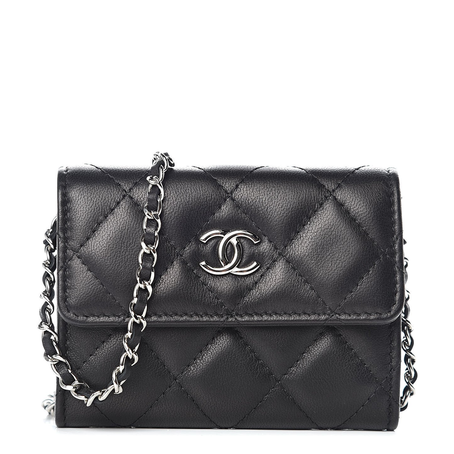Lambskin Quilted Card Holder On Chain Black
