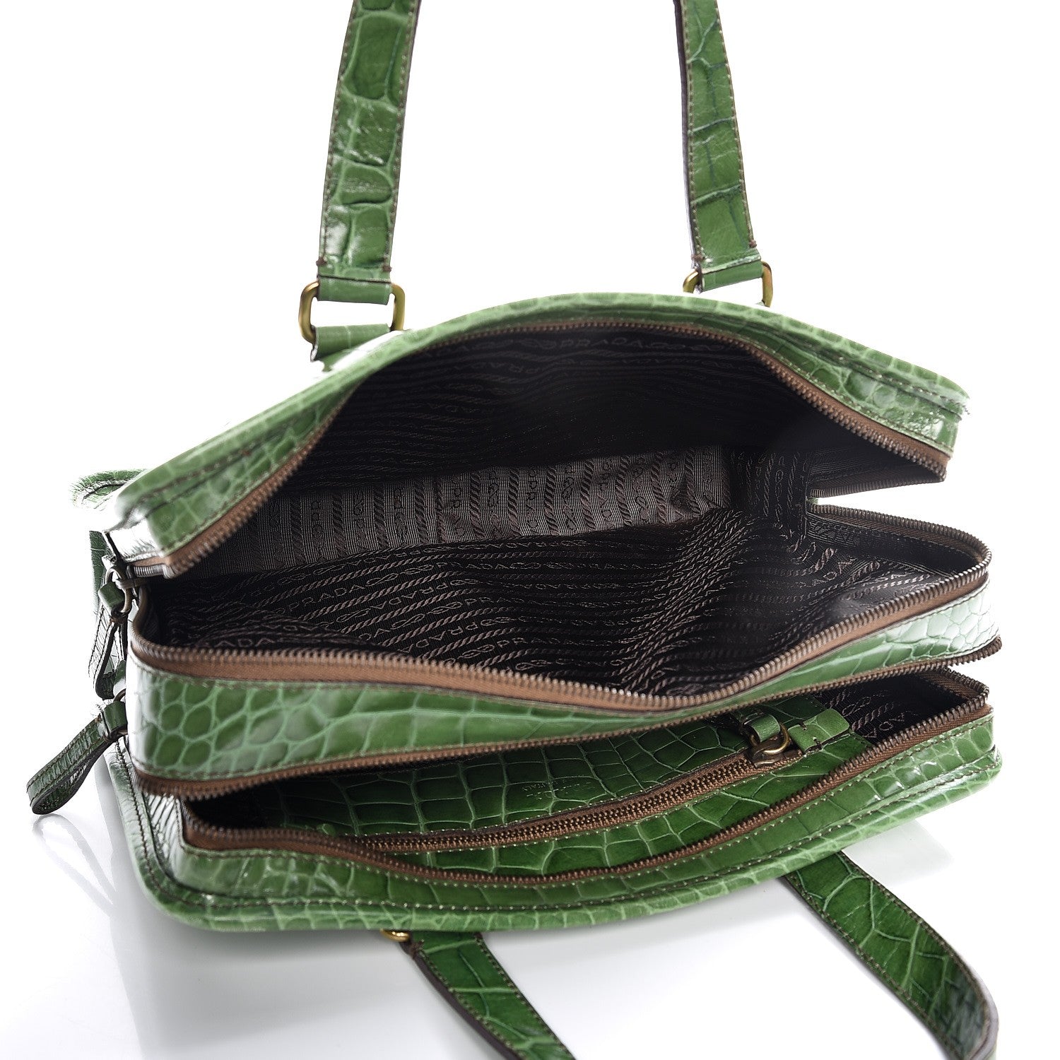 Prada Shiny Calfskin Crocodile Embossed Double Zip Bauletto Larice 5 of 15
