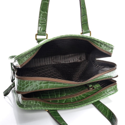 Prada Shiny Calfskin Crocodile Embossed Double Zip Bauletto Larice 5 of 15