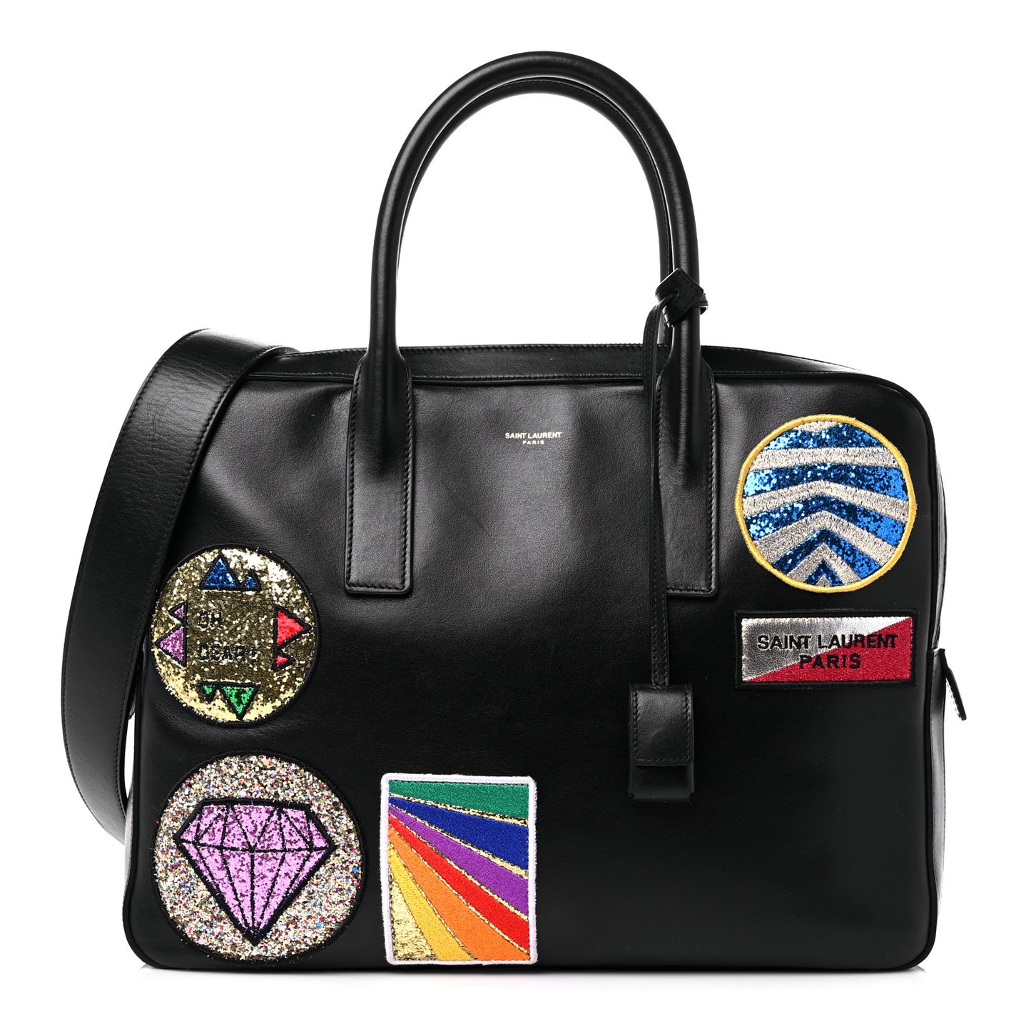 Calfskin Patch Embellished Museum Flat Briefcase Black