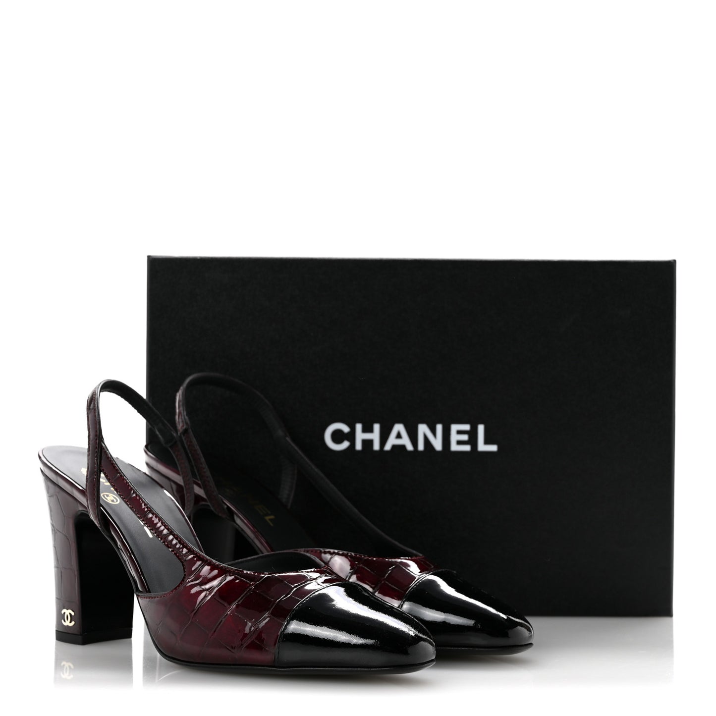 Patent Calfskin Crocodile Embossed Cap Toe CC Slingback Sandals 39 Dark Burgundy Black