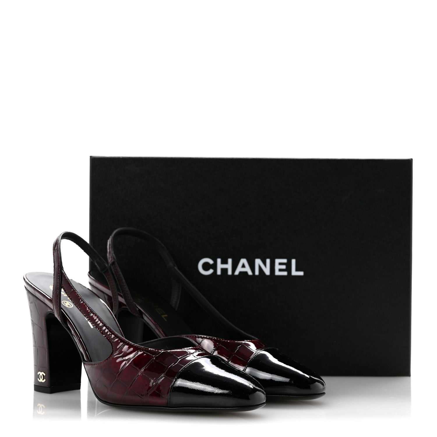 Chanel Patent Calfskin Crocodile Embossed Cap Toe CC Slingback Sandals 39 Dark Burgundy Black 10 of 10