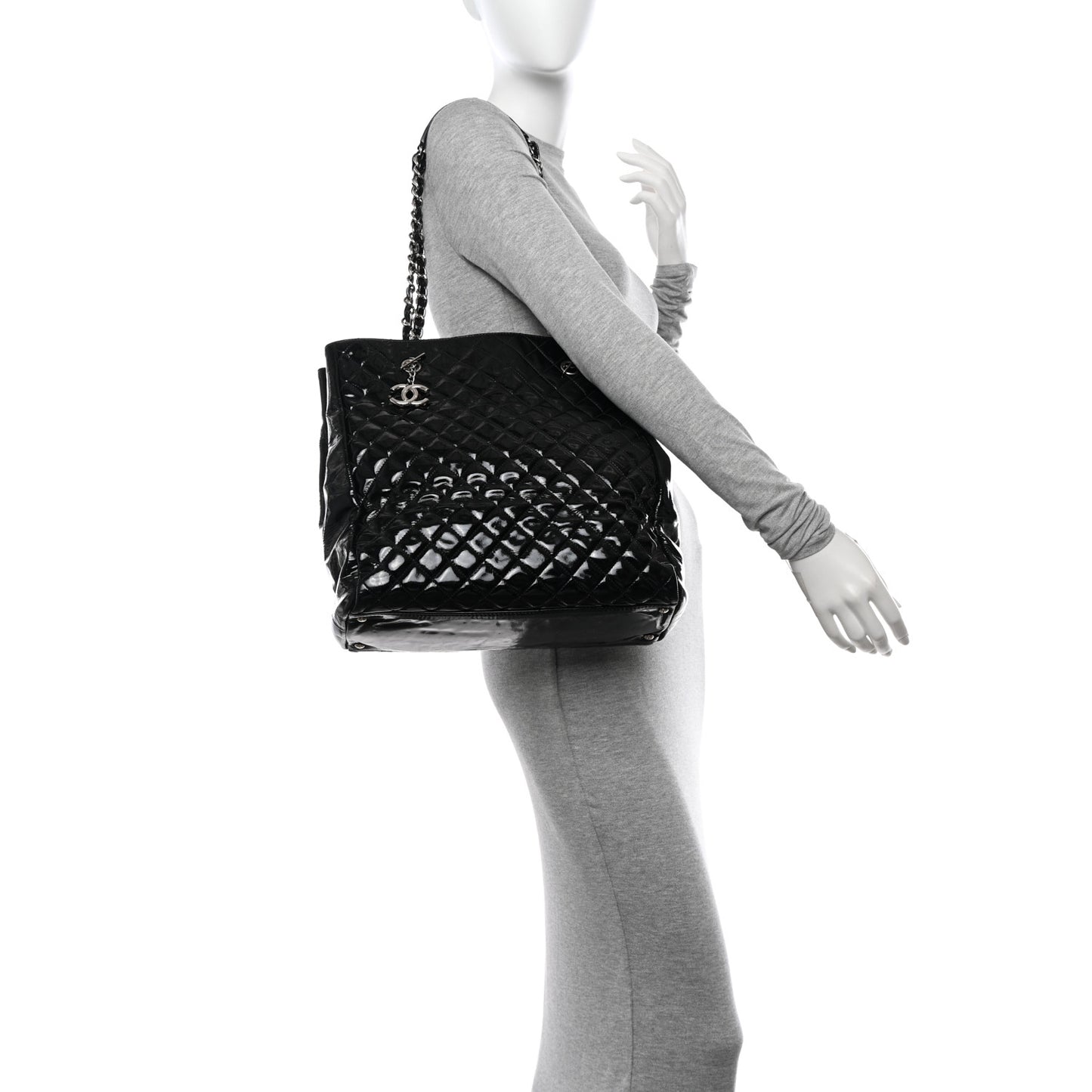Patent Quilted Large Shopping Tote Black