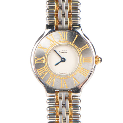 Cartier Stainless Steel 18K Yellow Gold 28mm Must De 21 Bullet Link Quartz Watch 1 of 7