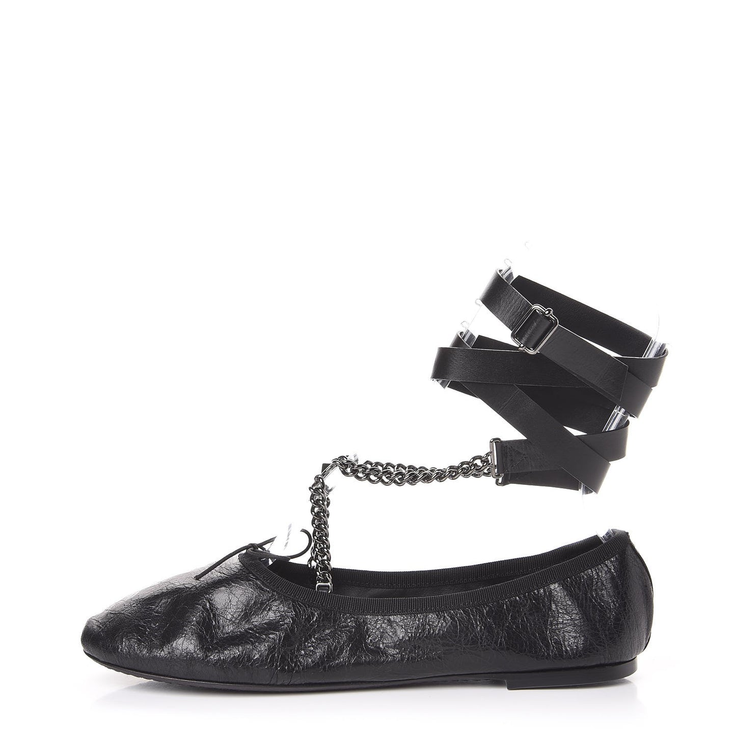 Crackled Calfskin Rockstud Chain Ankle Ballerina Flats 39 Black