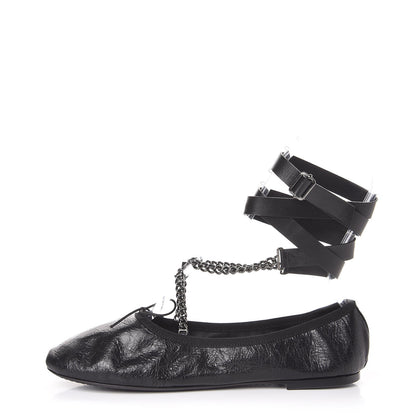 Valentino Garavani Crackled Calfskin Rockstud Chain Ankle Ballerina Flats 39 Black 1 of 14