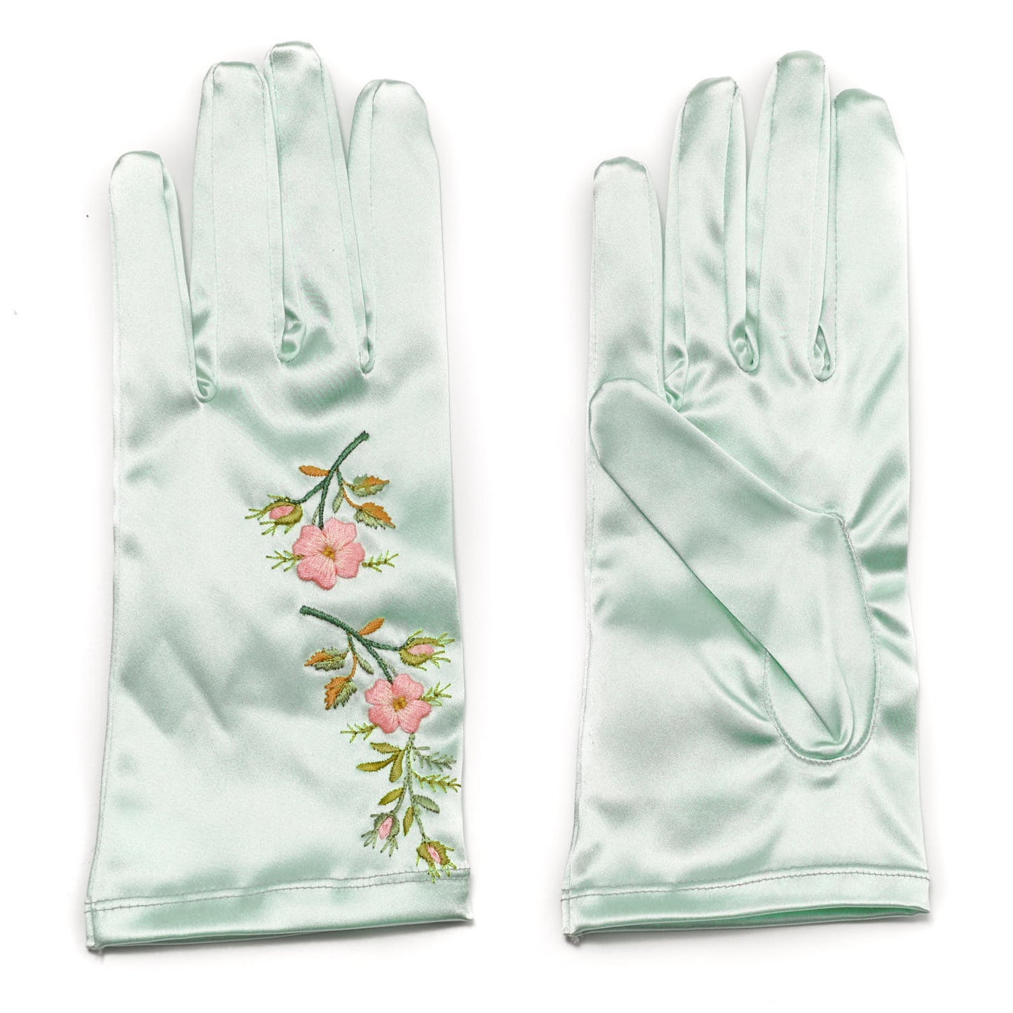 Satin Embroidered Flower Gloves L Green