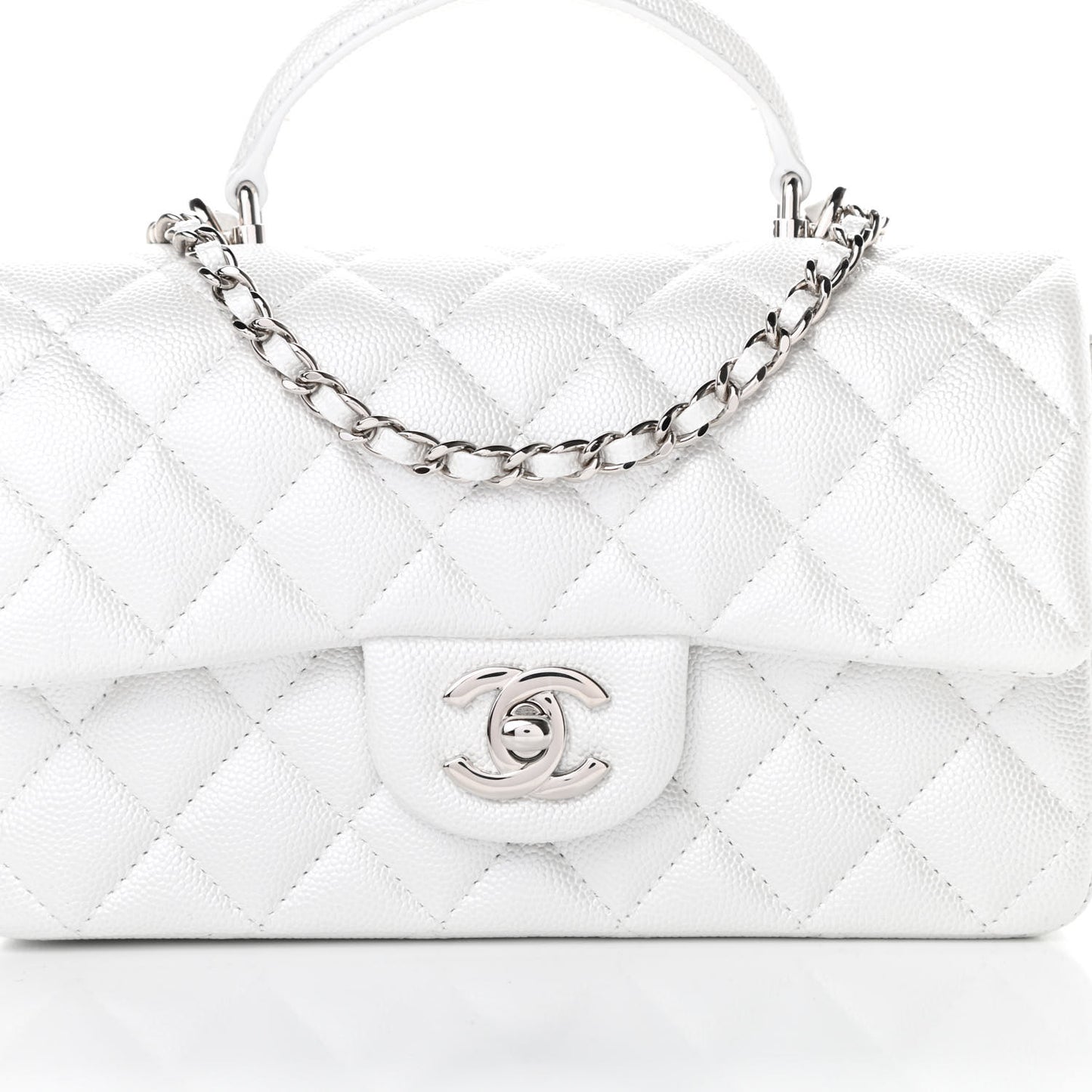 Iridescent Caviar Quilted Mini Top Handle Rectangular Flap White