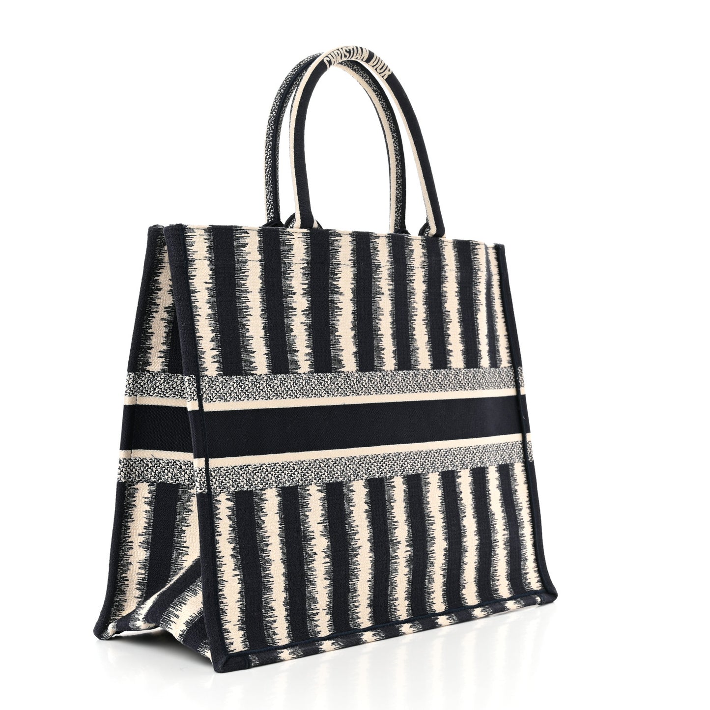 Canvas Embroidered Large Striped Book Tote Navy