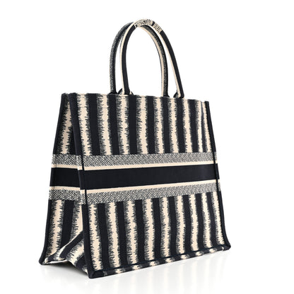 Christian Dior Canvas Embroidered Large Striped Book Tote Navy 3 of 10