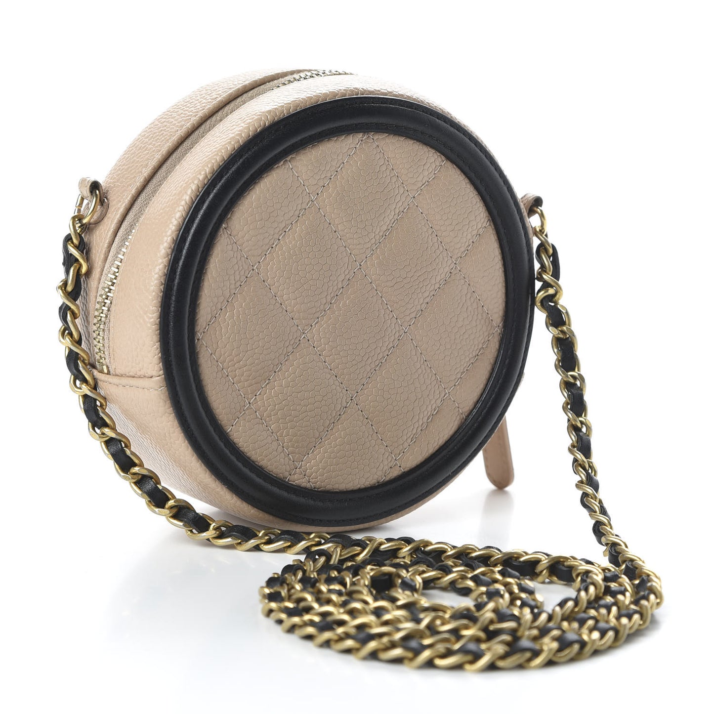 Caviar Quilted Round Filigree Crossbody Beige Black