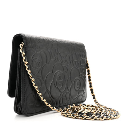 Chanel Lambskin Camellia Embossed Wallet On Chain WOC Black 3 of 11