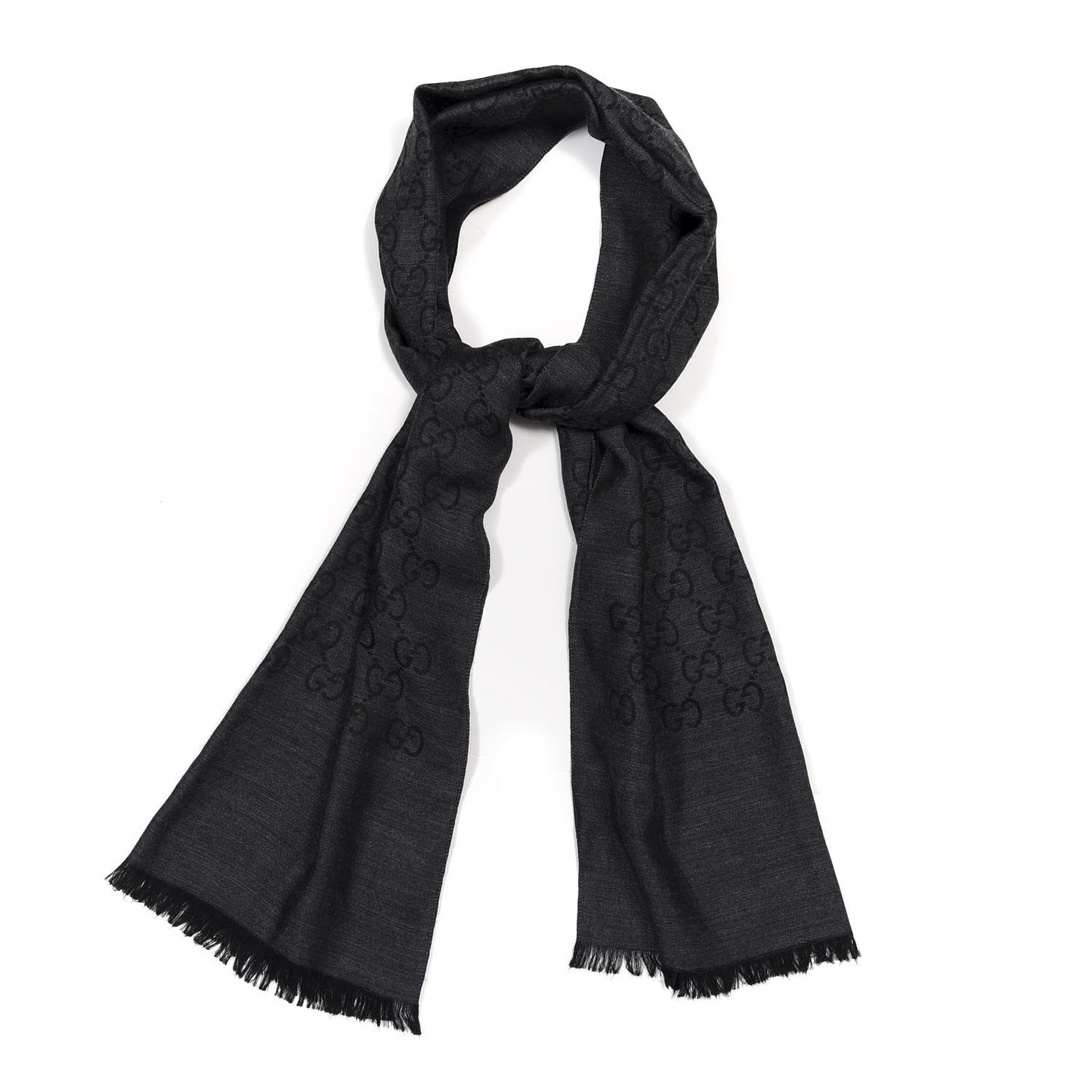 Wool Silk Jacquard Monogram Fringe Scarf Anthracite Black