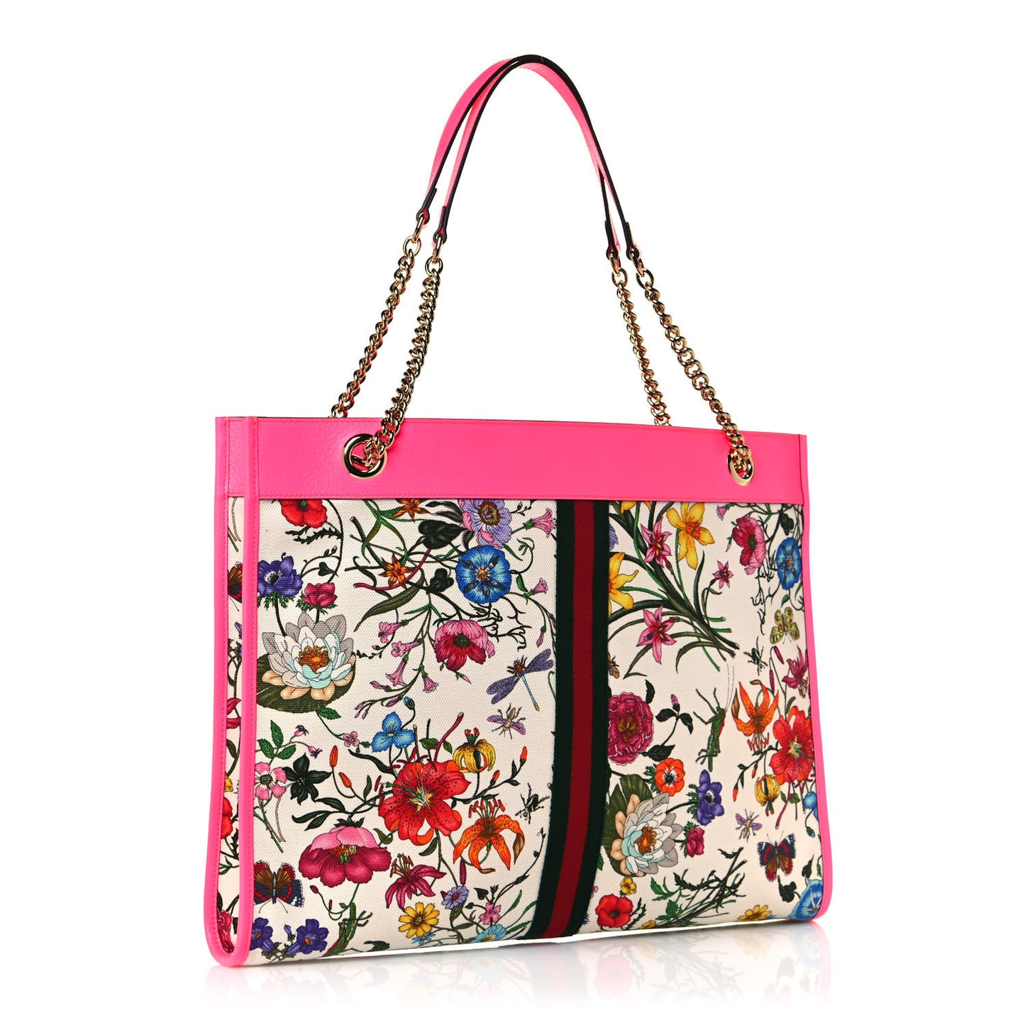 Canvas Flora Large Rajah Chain Tote White Multicolor Fuxia Fluo