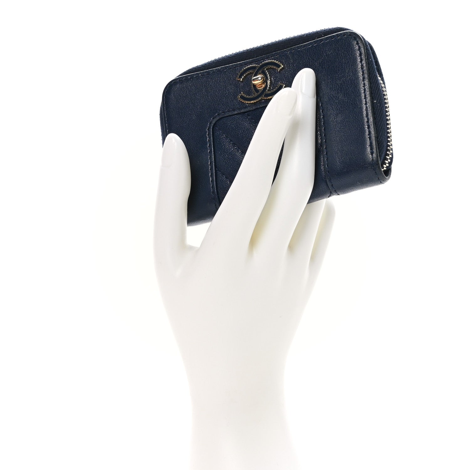 Chanel Sheepskin Chevron Quilted Vintage Mademoiselle Zip Coin Purse Dark Blue 2 of 8