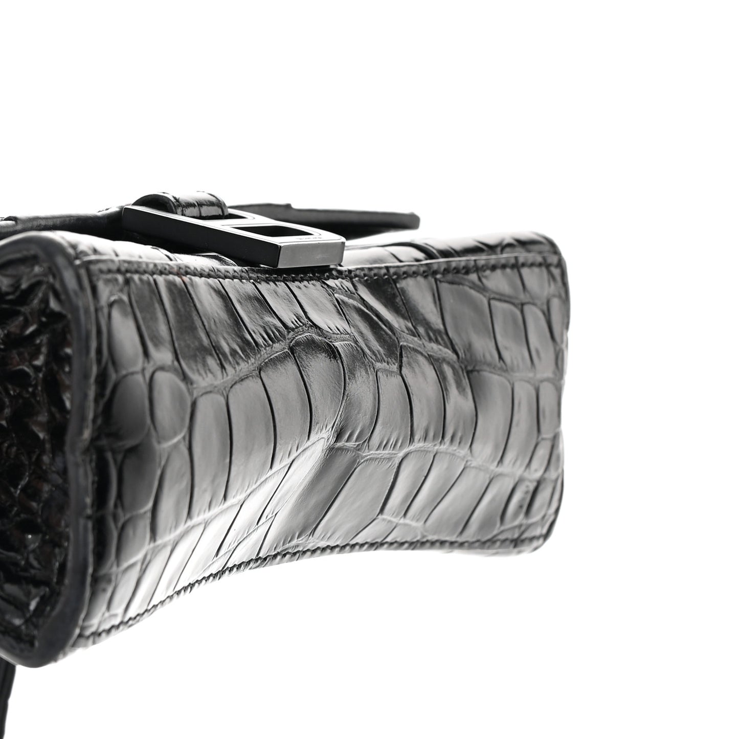 Shiny Calfskin Monochrome Crocodile Embossed Hourglass Top Handle Bag XS Black