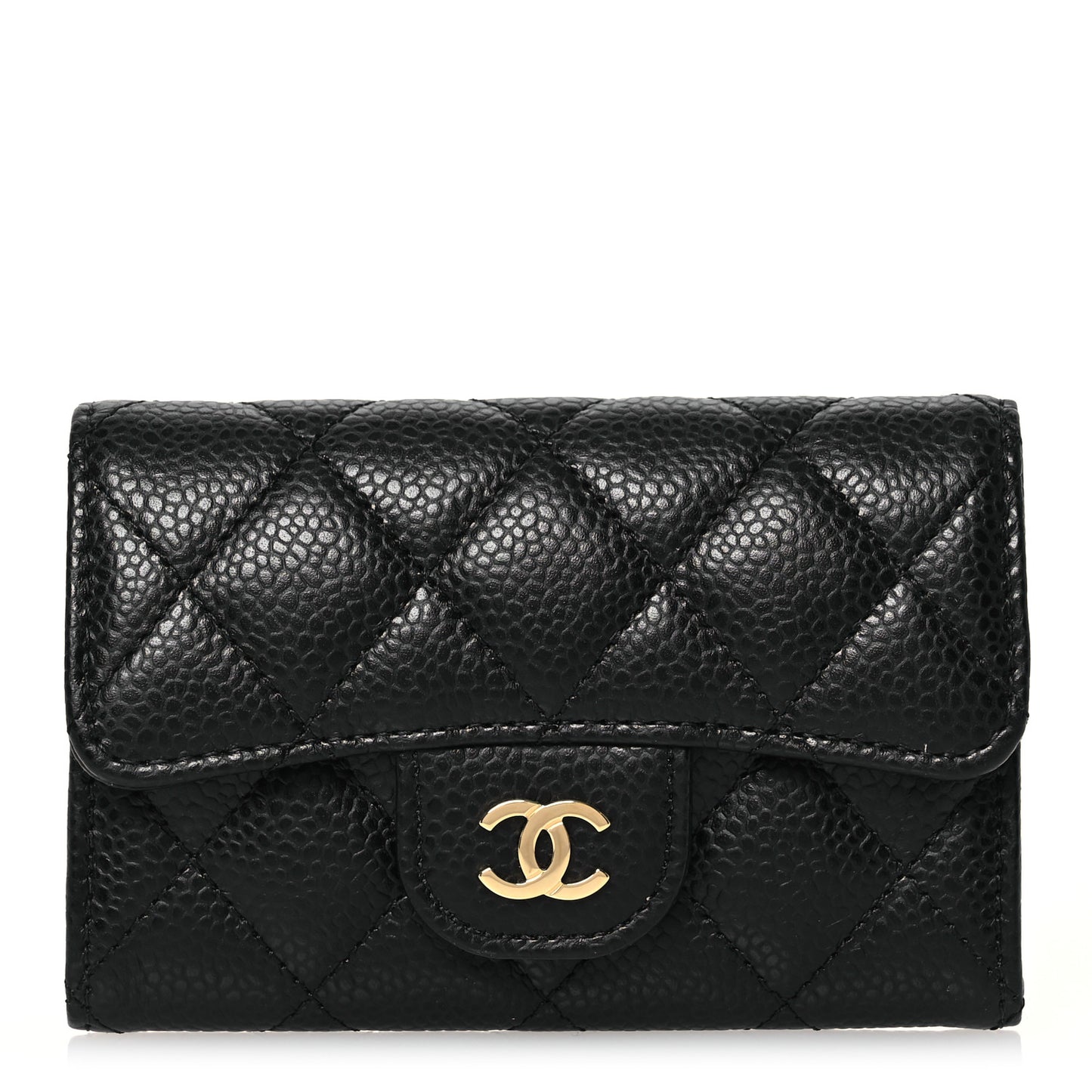 Caviar Quilted Flap Card Holder Wallet Black
