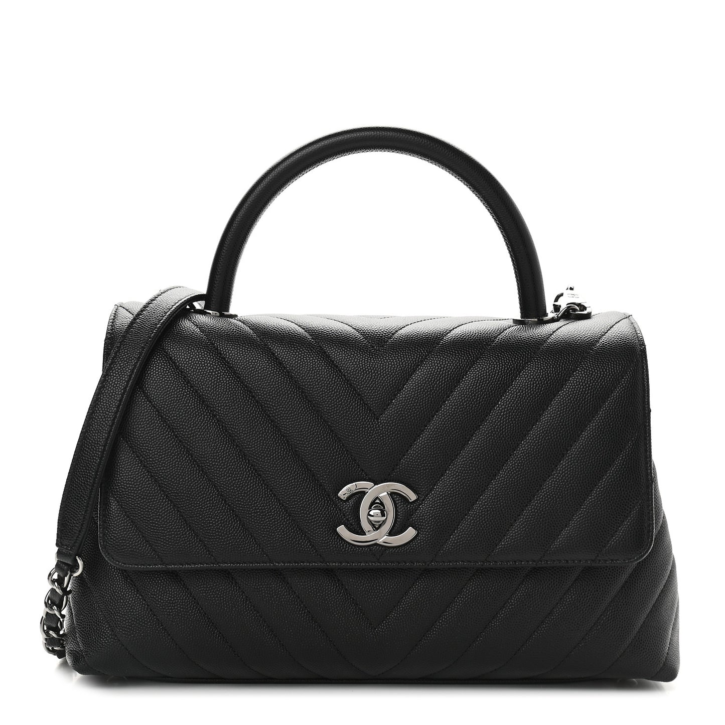 Caviar Chevron Quilted Small Coco Handle Flap Black