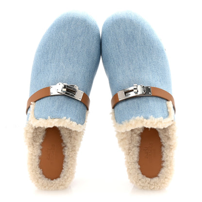 Hermes Denim Wool Carlotta Mules 37 Bleu Clair Naturel 2 of 9