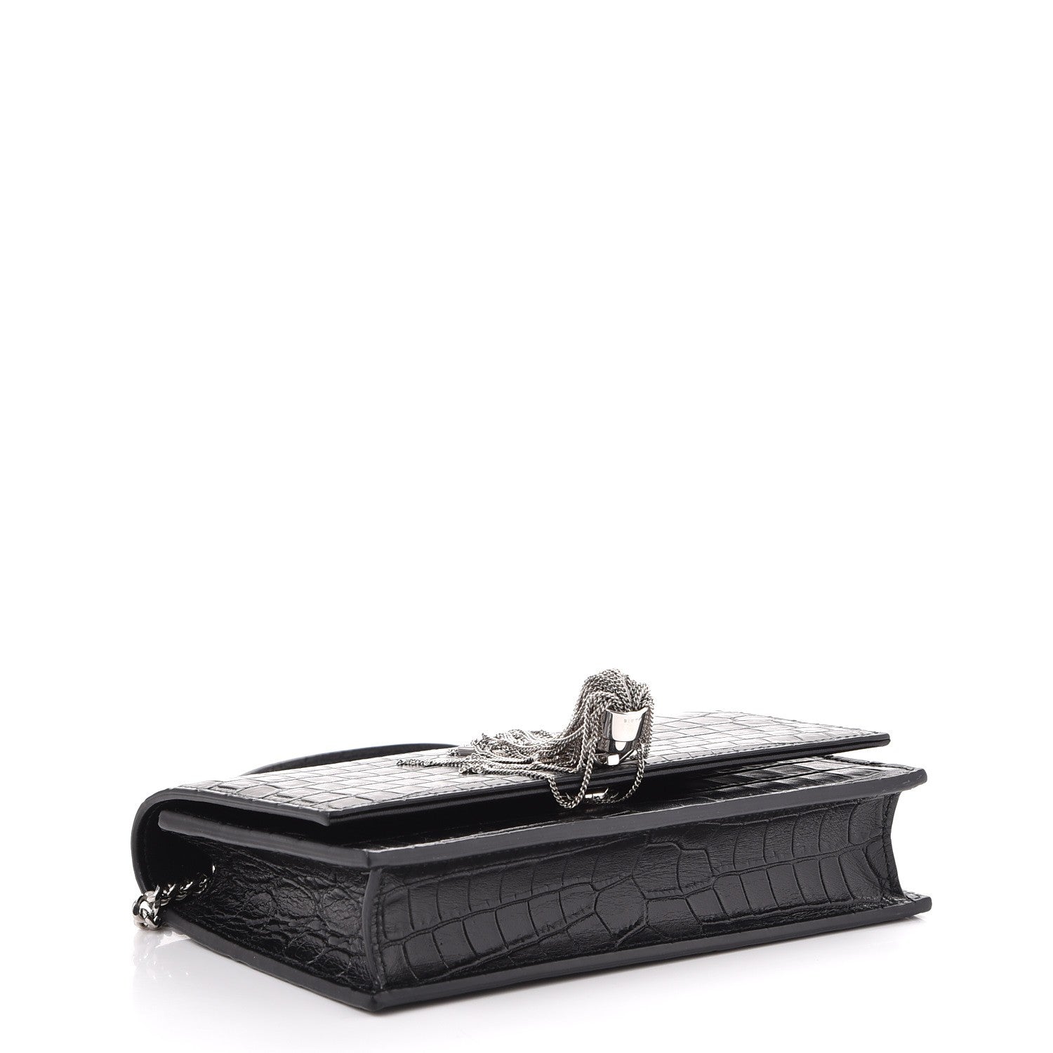 Saint Laurent Calfskin Crocodile Embossed Kate Monogram Tassel Chain Wallet Black 4 of 7